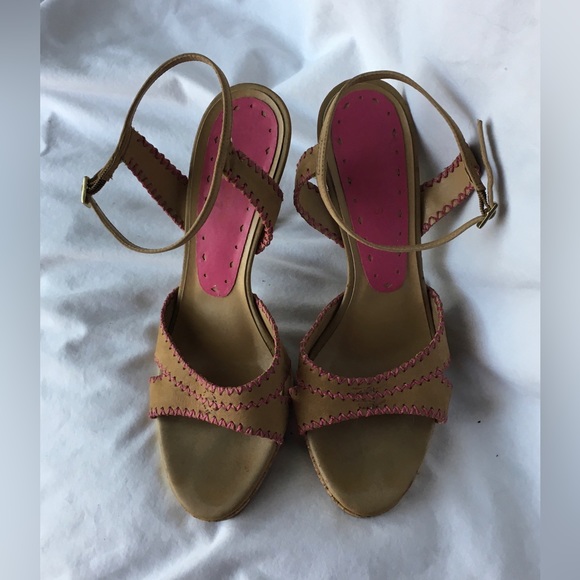Y2k Bcbg cork tan/pink summer heels with gold trim - Picture 8 of 9